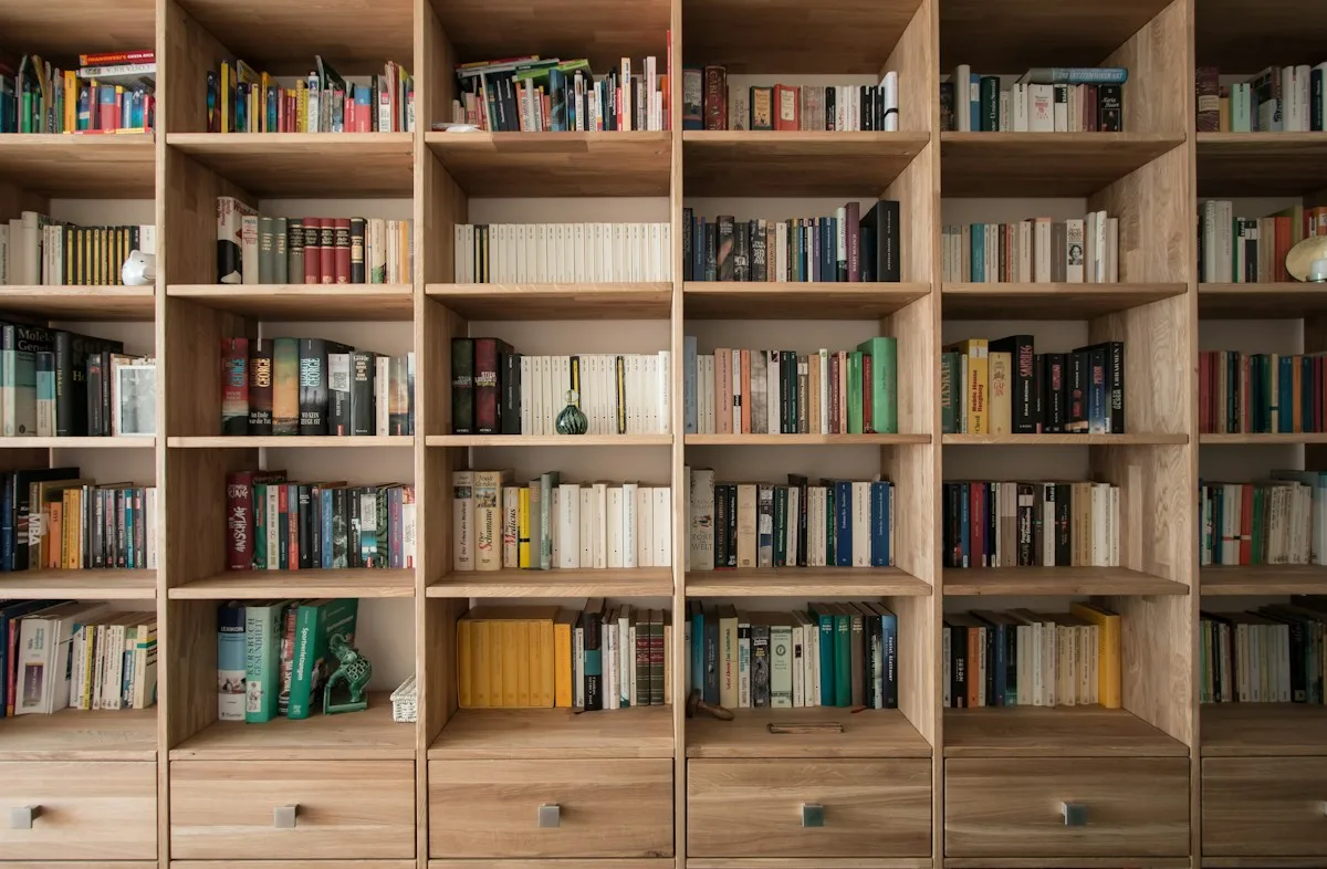 Books lined up on wooden shelves