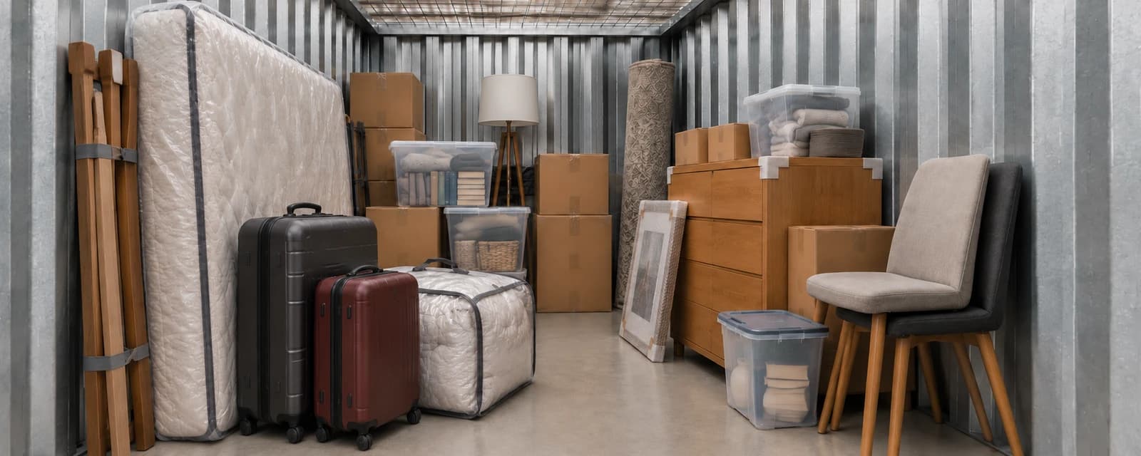 Storage unit with a protected mattress, furniture, suitcases and moving boxes