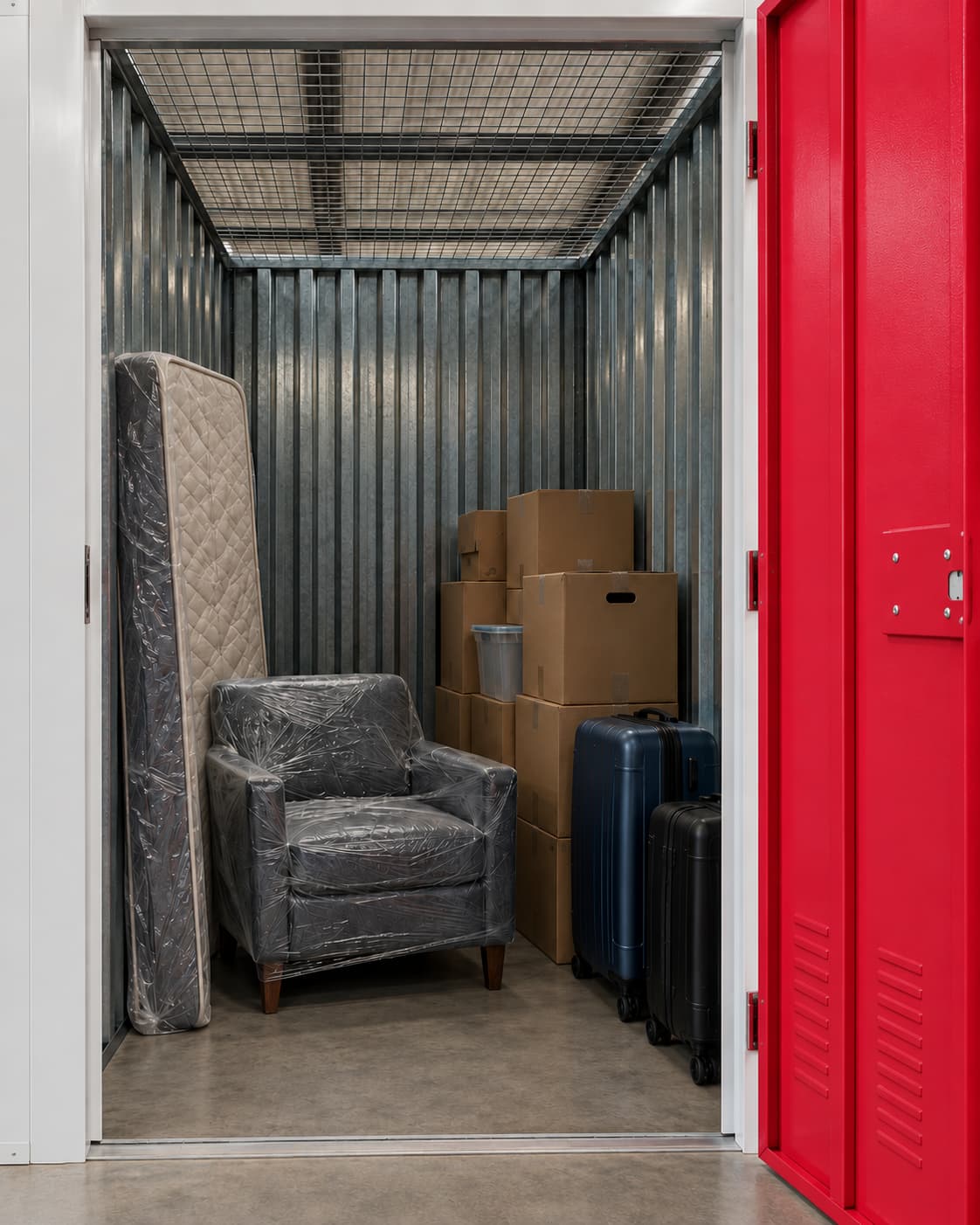 Open storage unit with a red steel door, wrapped furniture, boxes and suitcases