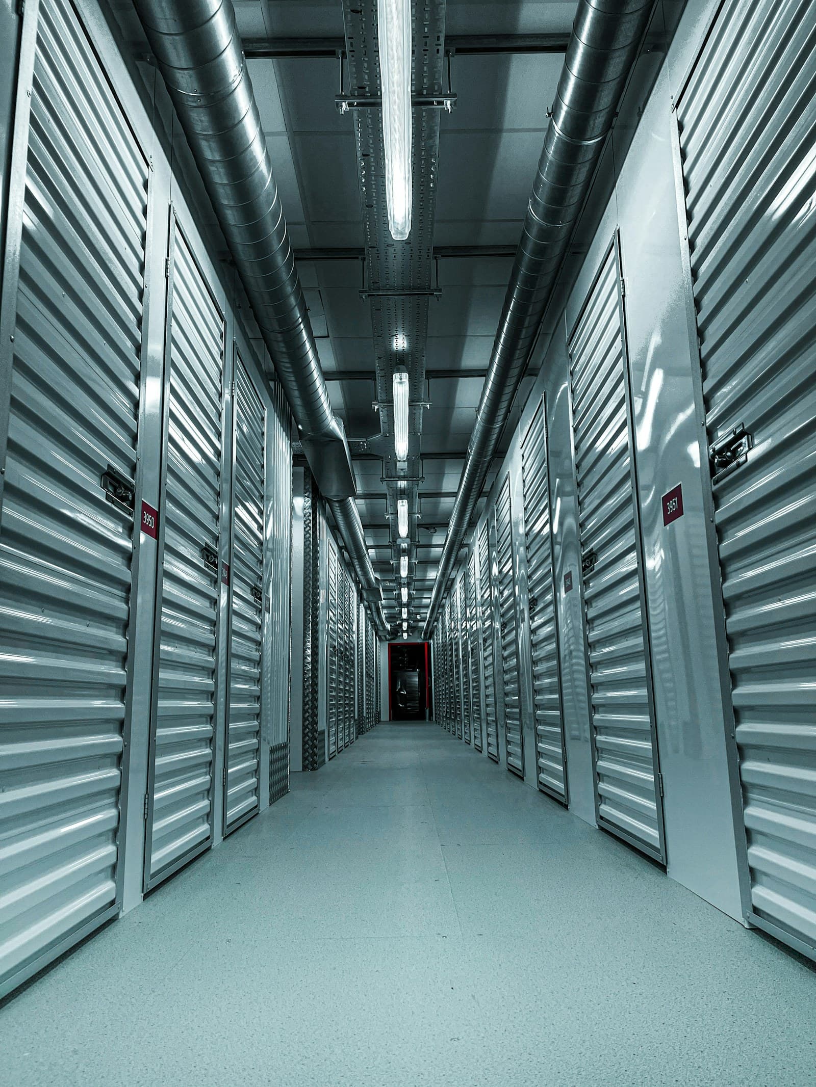 Interior corridor of a self-storage facility with individual unit doors