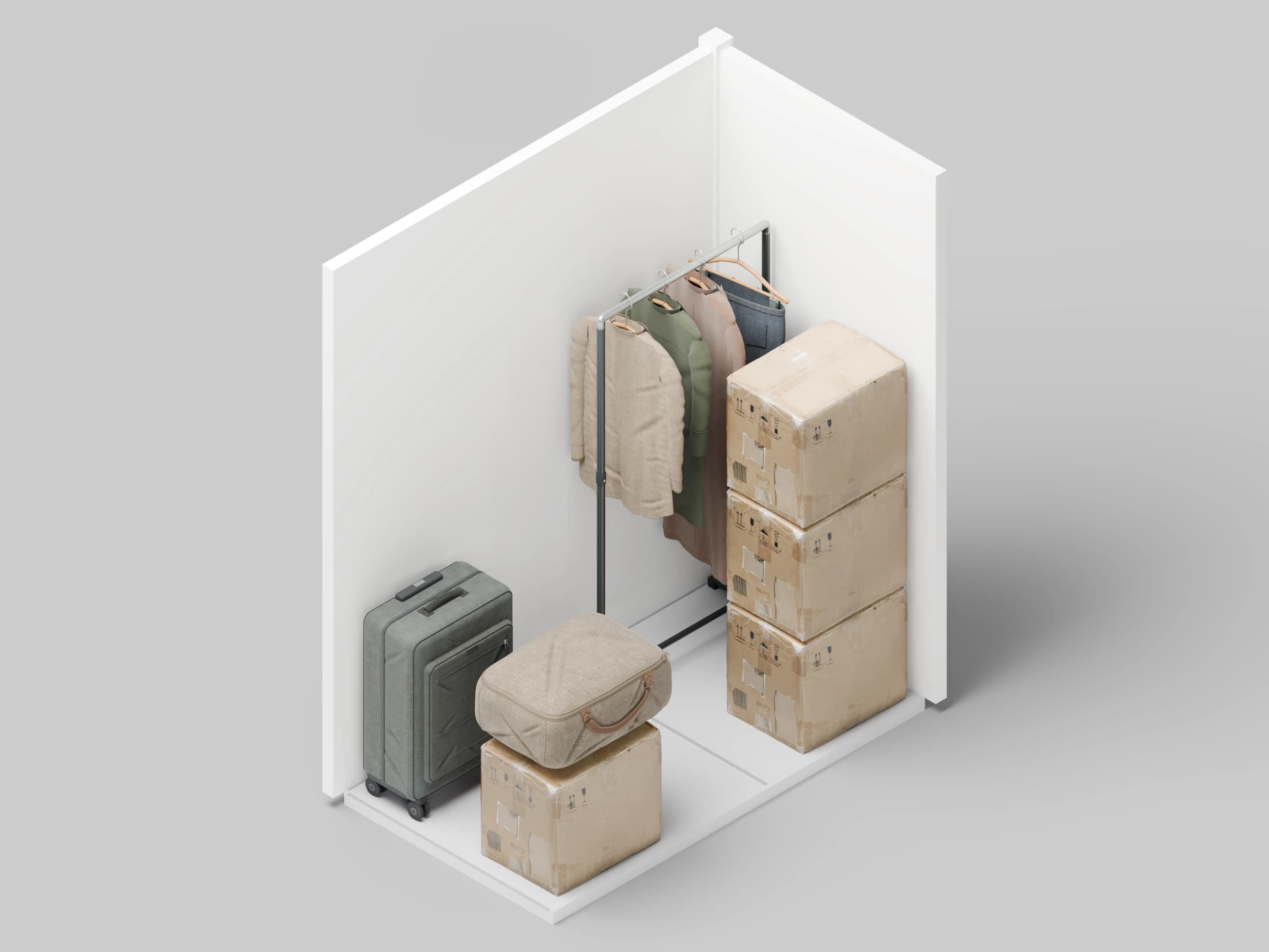 3D view of a storage unit with hanging clothes, four moving boxes, a suitcase and a bedding bag