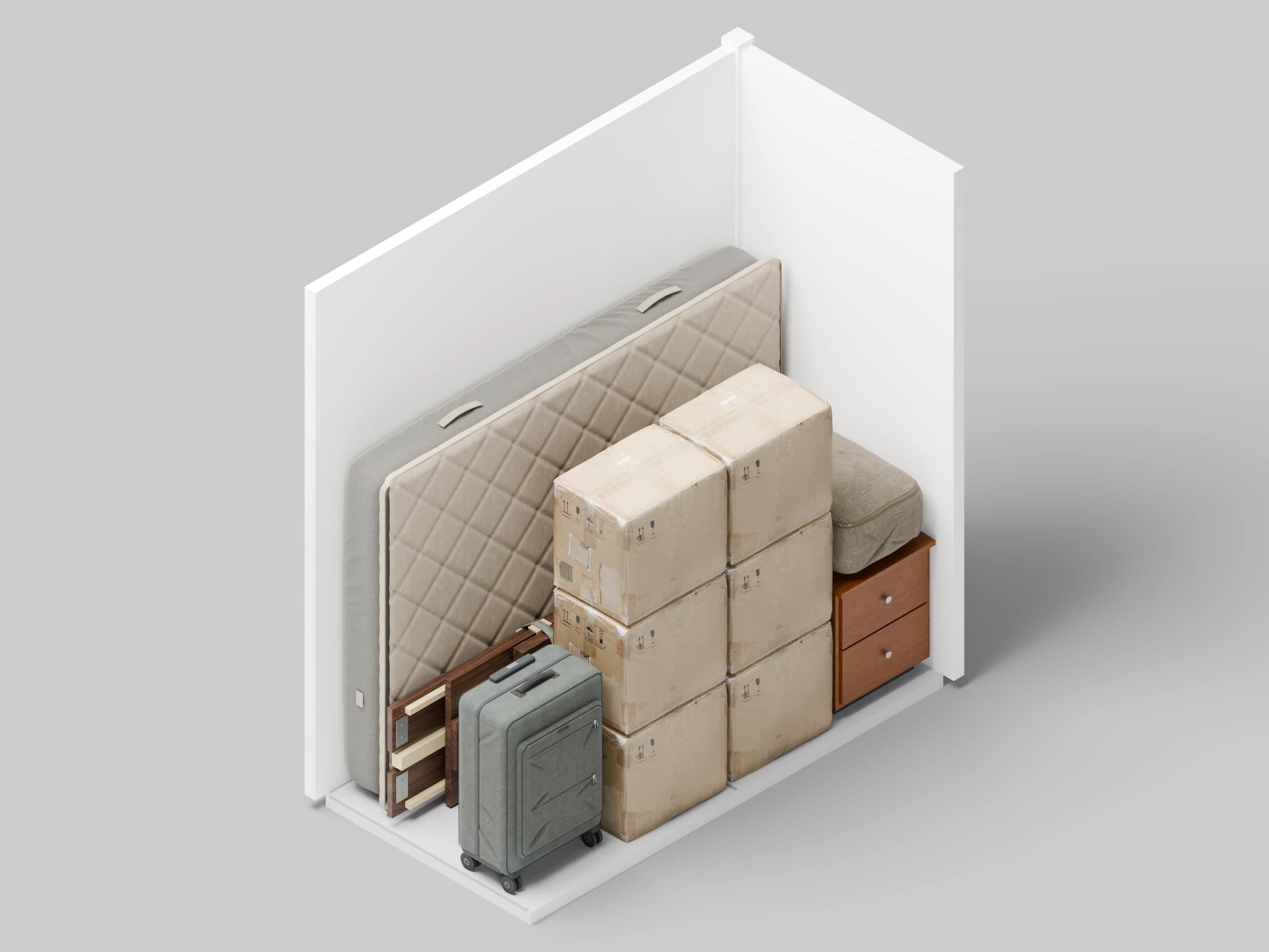 3D view of a storage unit with a double mattress on its long edge, a packed bed frame, a bedside cabinet, boxes, a suitcase and bedding