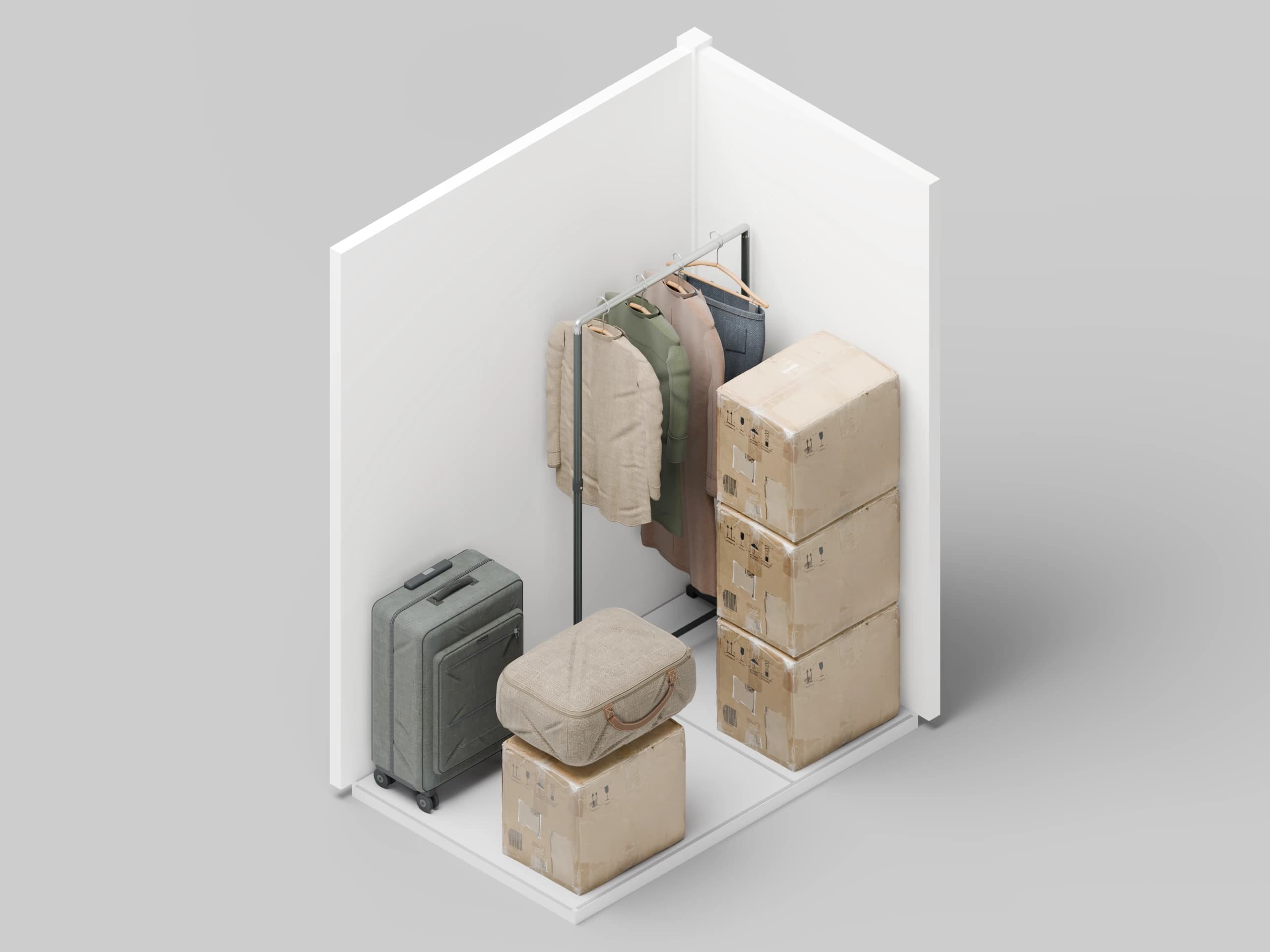 3D view of a storage unit with hanging clothes, four moving boxes, a suitcase and a bedding bag