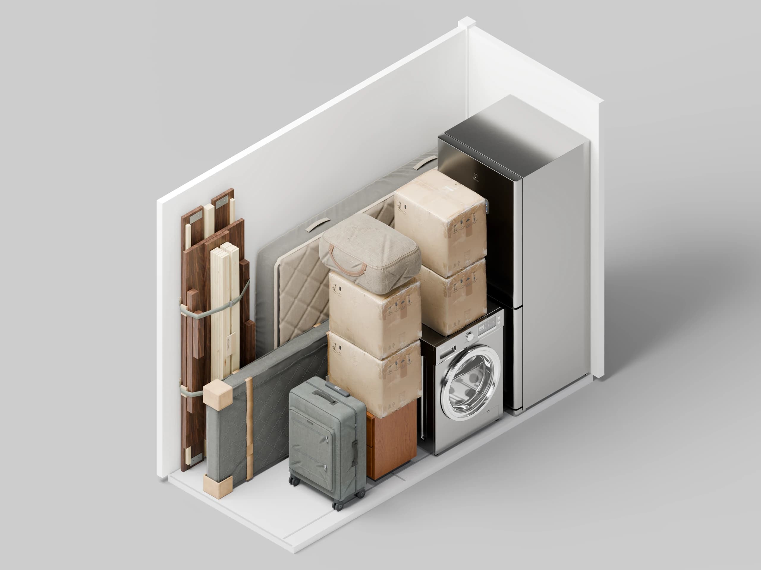 3D view of a storage unit with a double mattress, upright bed-frame pack, fridge, washing machine, wrapped television, bedside cabinet, boxes and luggage
