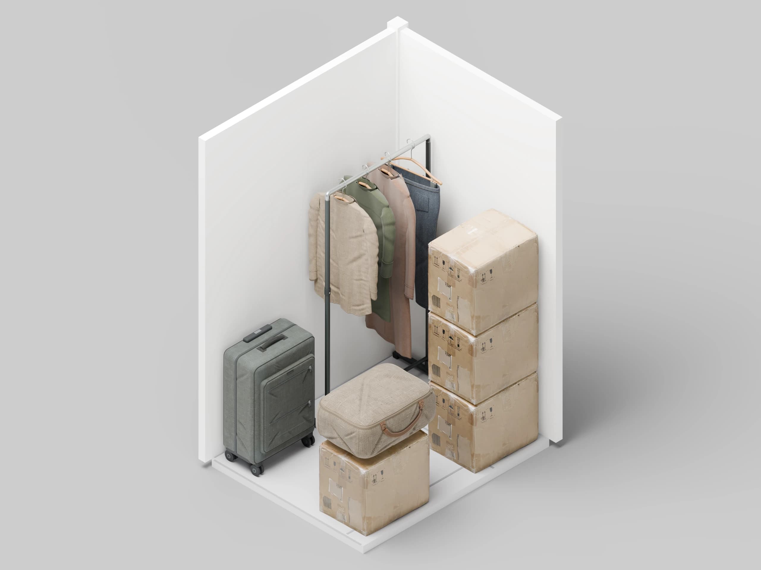 3D view of a storage unit with hanging clothes, four moving boxes, a suitcase and a bedding bag