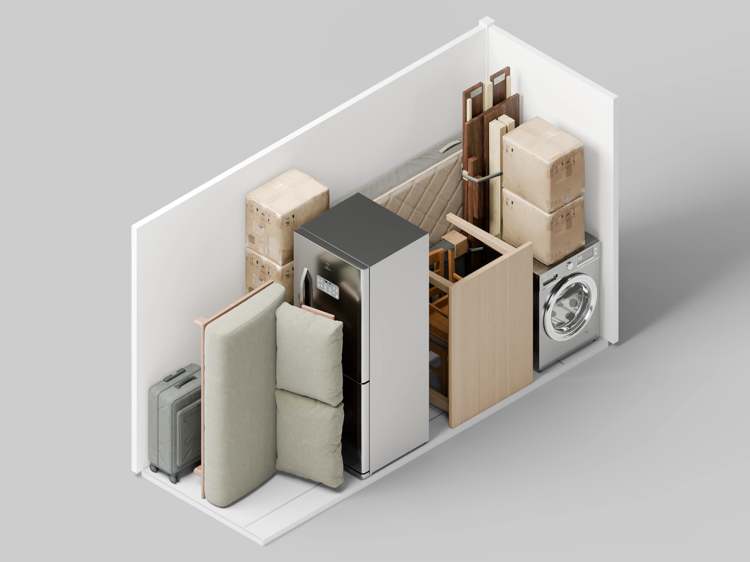 3D view of a storage unit packed with a double bed, two-seat sofa on end, dining table on its side, two paired chairs, fridge, washing machine, boxes and luggage
