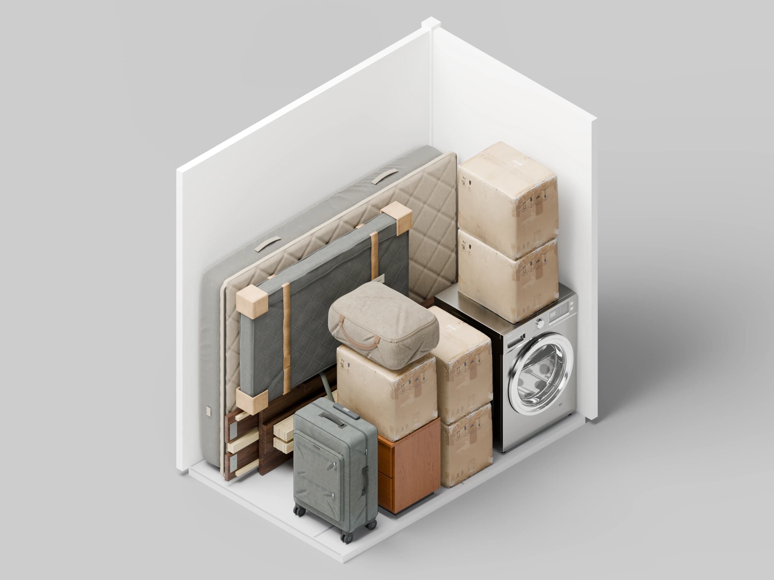 3D view of a storage unit with a double mattress, packed bed frame, washing machine, wrapped television, bedside cabinet, boxes, suitcase and bedding