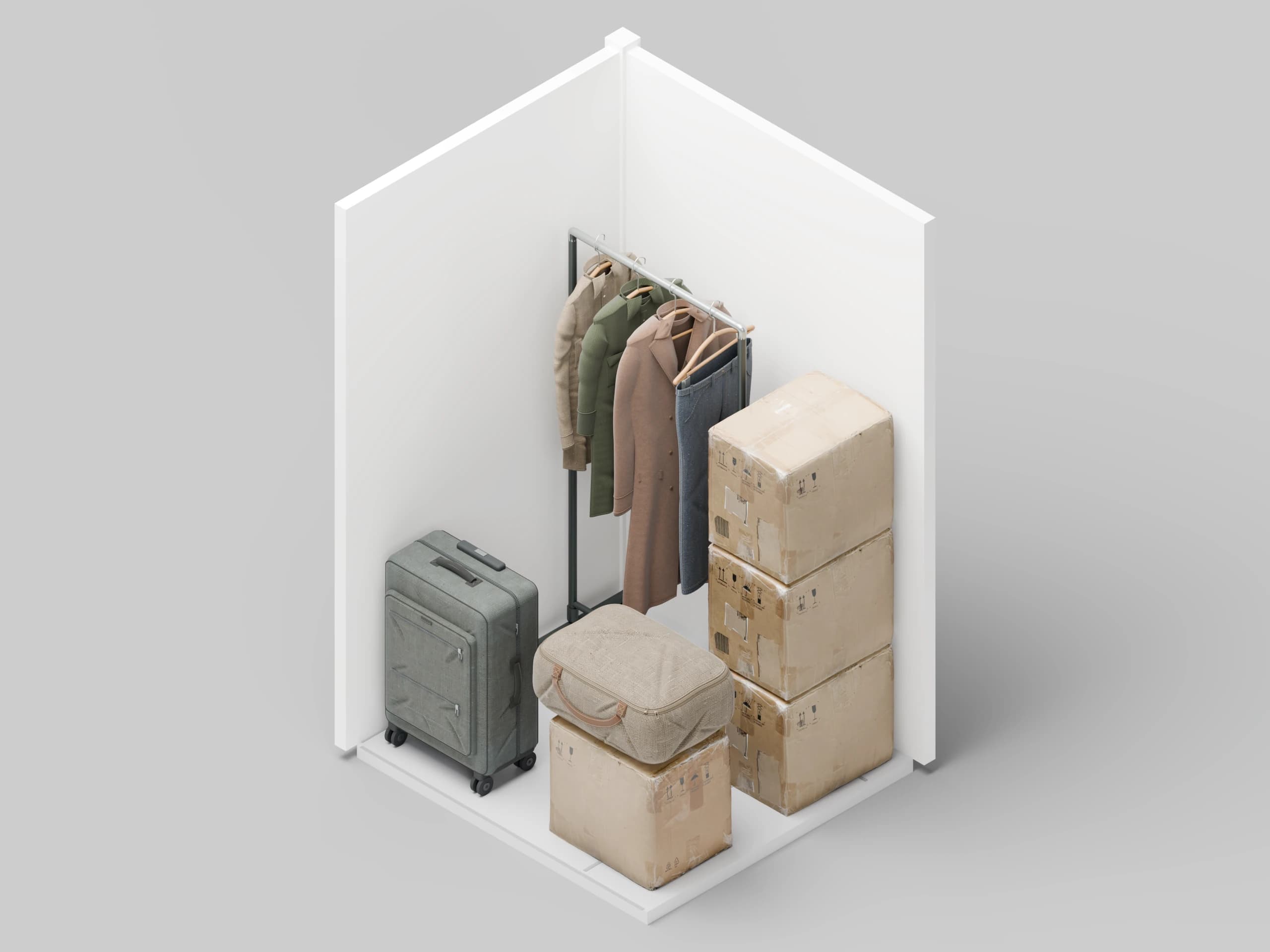 3D view of a storage unit with hanging clothes, four moving boxes, a suitcase and a bedding bag