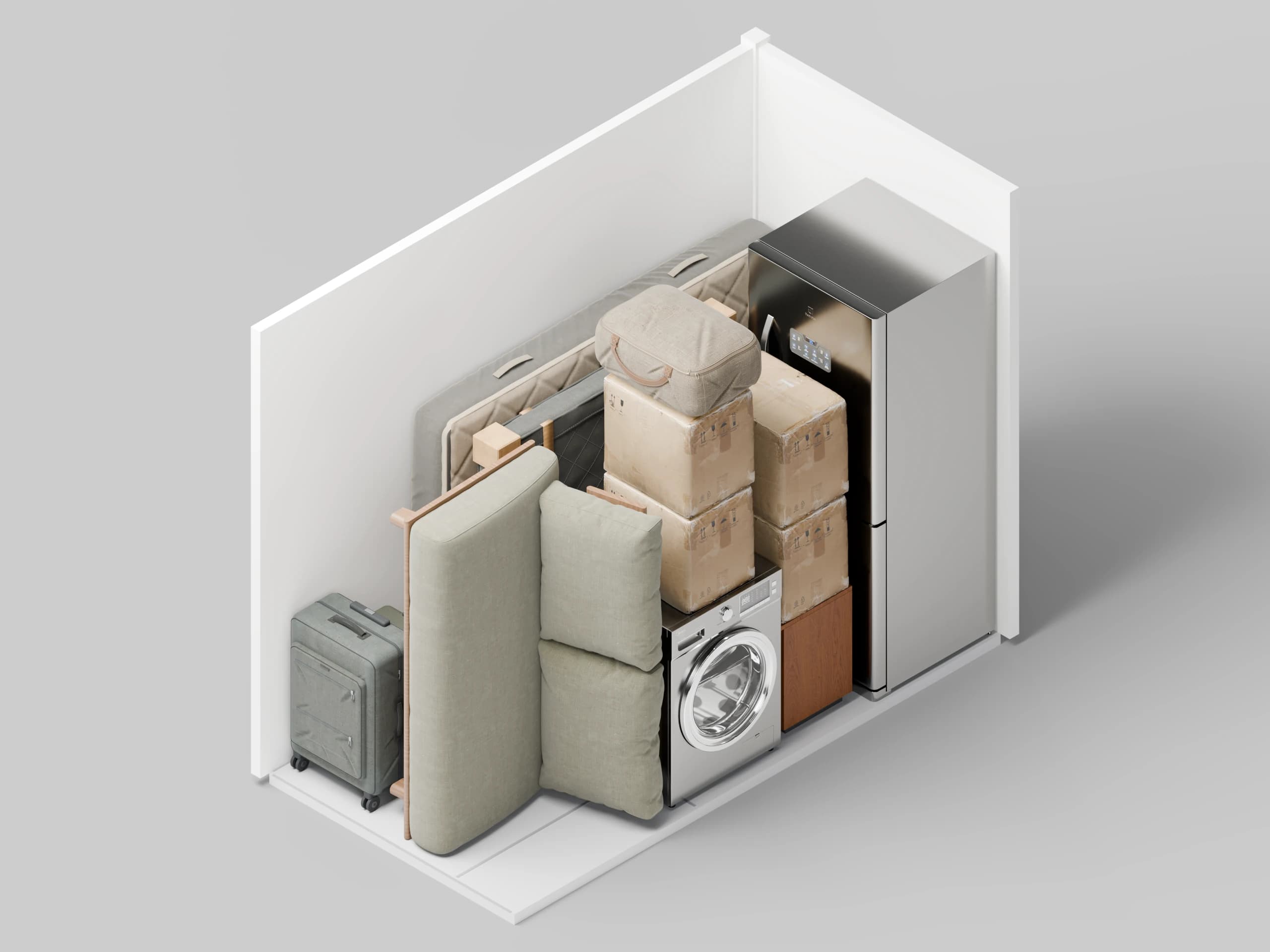 3D view of a storage unit with a two-seat sofa on end, double mattress, packed bed frame, fridge, washing machine, wrapped television, boxes and luggage