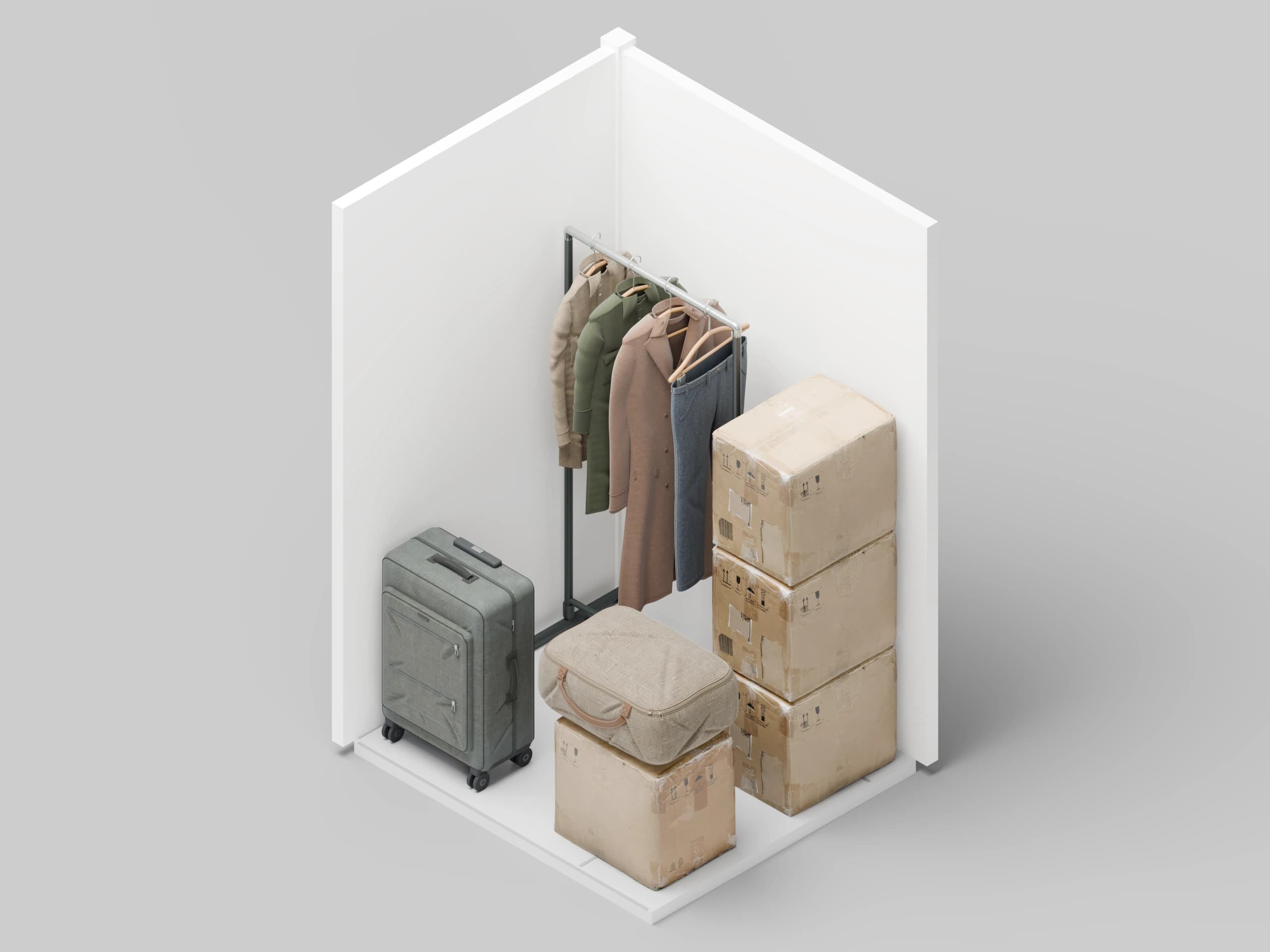 3D view of a storage unit with hanging clothes, four moving boxes, a suitcase and a bedding bag