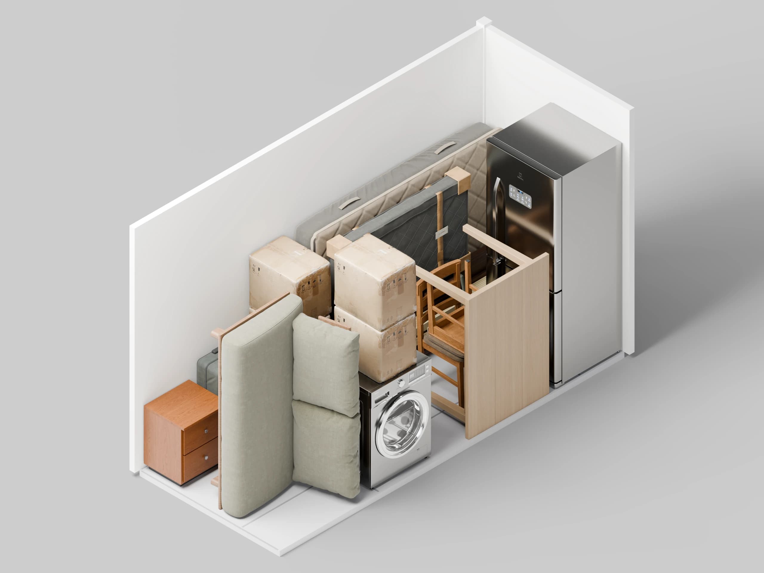 3D view of a storage unit packed with a double bed, two-seat sofa on end, dining table on its side, two paired chairs, fridge, washing machine, boxes and luggage