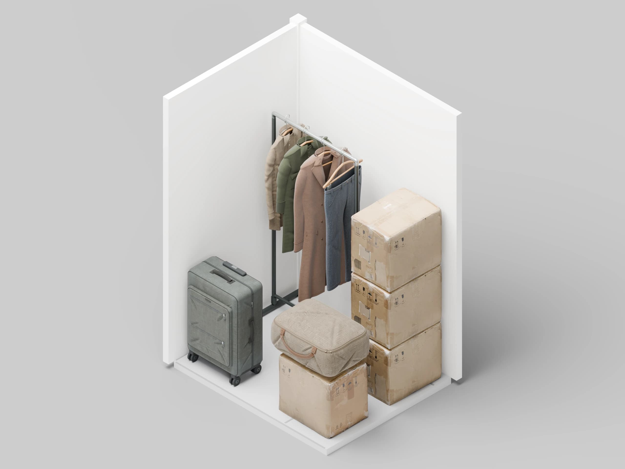 3D view of a storage unit with hanging clothes, four moving boxes, a suitcase and a bedding bag