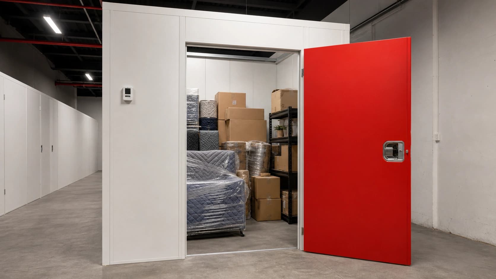 Climate controls protecting furniture and moving boxes inside an air-conditioned storage unit