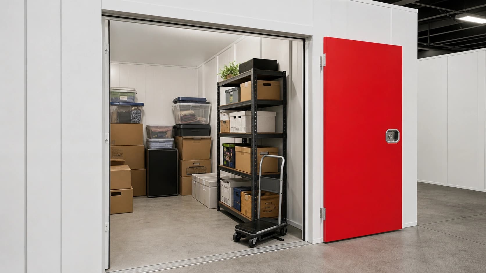 Moving boxes and furniture being wheeled from a vehicle into a private unit