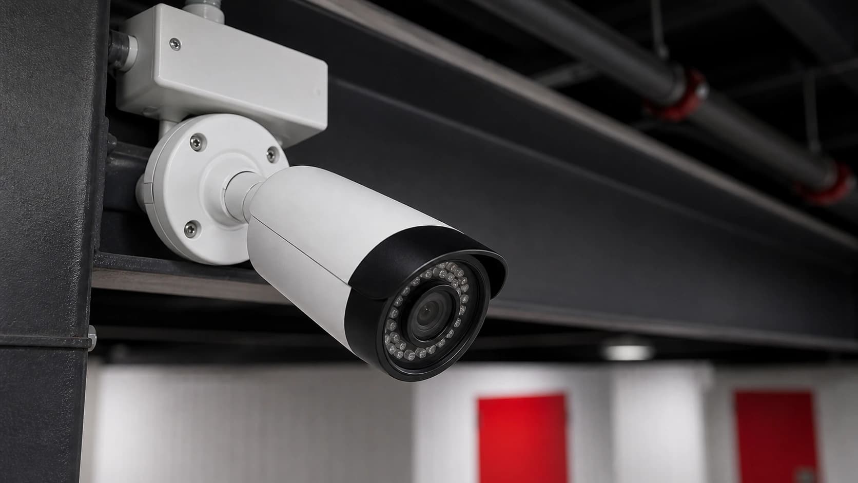 Security camera monitoring the corridor outside private moving storage units